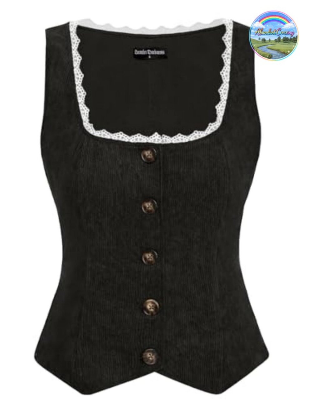 Women Renaissance Corset Corduroy Vest Button Down Lace Trim Sleeveless